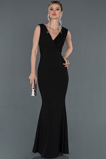 Abiyefon Black Long Double Breasted Collar Fishnet Evening Dress Abu1190