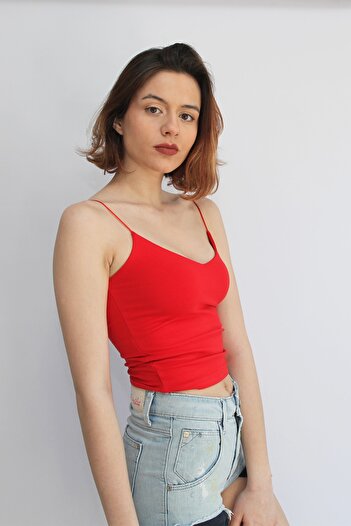 Rosse Butik Women's V-Neck Red Rope Strap Crop Top