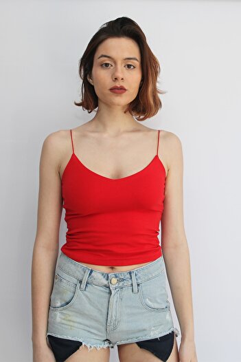 Rosse Butik Women's V-Neck Red Rope Strap Crop Top