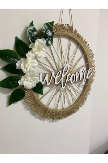 HOBİ55 Στολίδι Πόρτας Welcome 33x33 εκ. Λευκό Λουλούδι Μακραμάλι