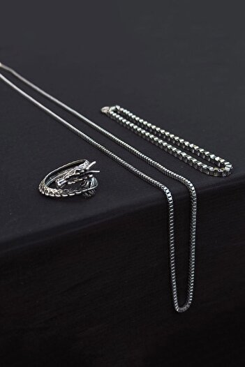 The Collection Dragon Adjustable Silver Ring Cube Bracelet And Necklace Set