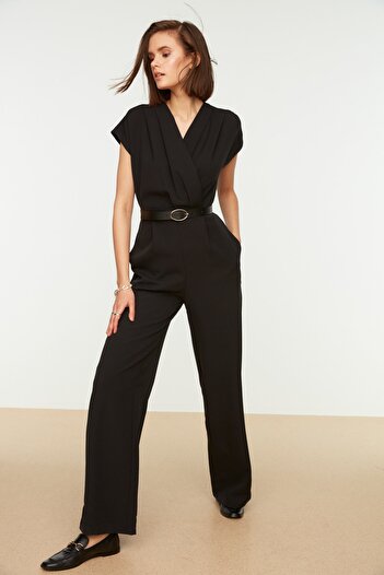 Trendyol Collection Black Belted Double Breasted Límec Wide Leg tkaný overal TWOSS21TU0004