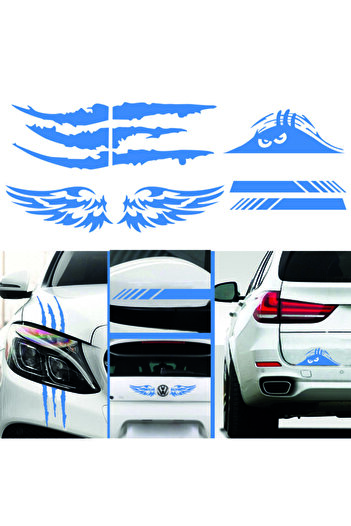 MegaSticker Pachet de 4 autocolante pentru vedere din spate, aripă, gheare de monstru, portbagaj albastru