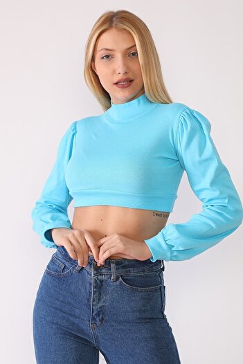 Genel Markalar Kadın Mavi Karpuz Kol Likralı Crop Top Body