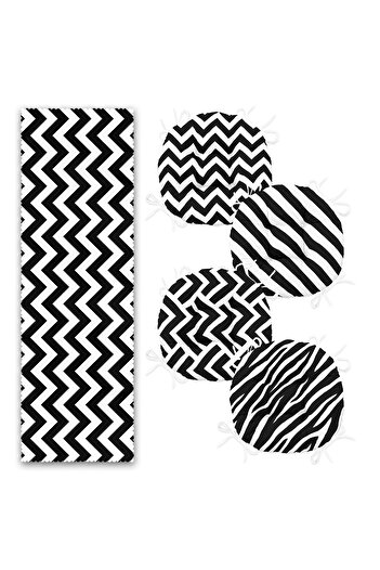 Realhomes Black and White Geometric Designed Set of 4 Round Pouf Chair Cushions and 1 Runner