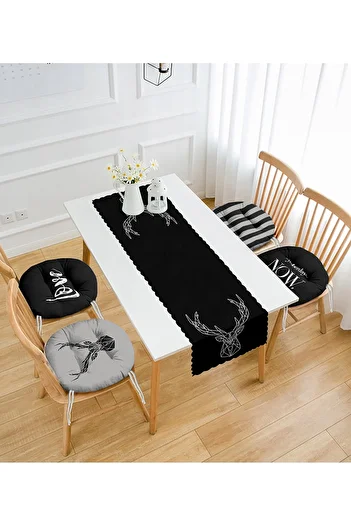 Realhomes Black Deer Designed Modern Set of 4 Round Pouf Chair Cushions and 1 Runner