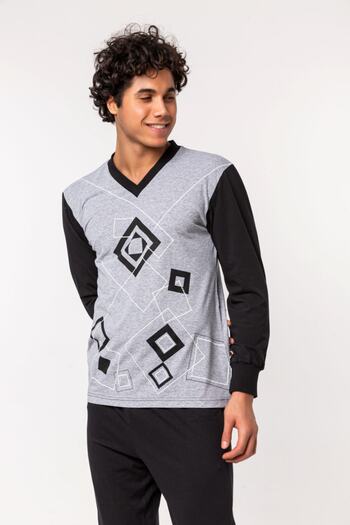 Nur Aka by Nurteks Geometric Patterned Black Plus Size Pajama Set