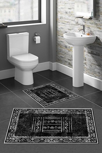Halise Home Non-Slip Base Washable Set of 2 Black Bath Mat Bathroom Mat Set Toilet Seat Set