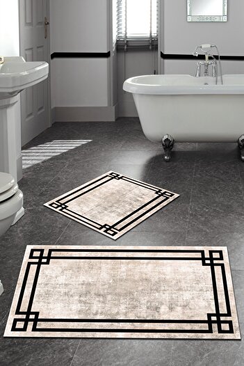 Halise Home Non-Slip Base Washable Set of 2 Beige Bath Mat Bathroom Mat Set Toilet Seat Set