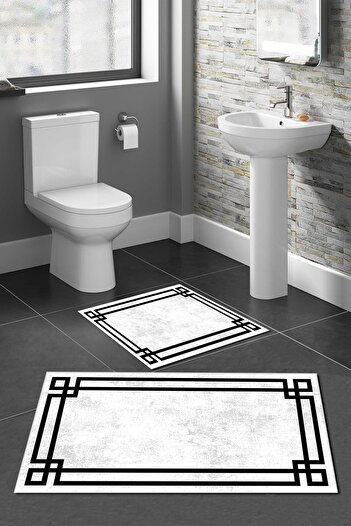 Halise Home Non-Slip Base Washable Set of 2 White Bath Mat Bathroom Mat Set Toilet Seat Set