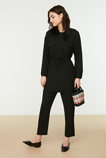 Trendyol Modest Black Tie Waist Pocket Detailed Aerobin Shirt-Pants Set TCTSS21AU0238