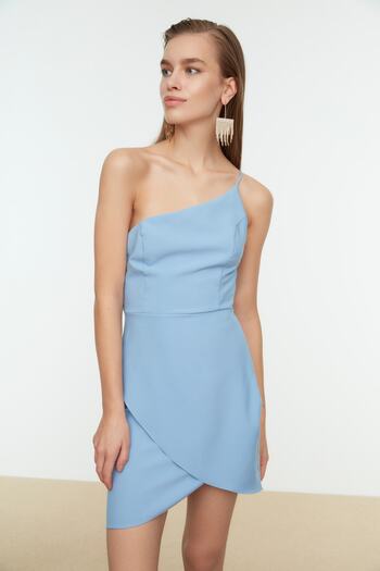 Trendyol Collection Υφαντό κοντό κομψό μπλε βραδινό φόρεμα - Λεπτομερής γιακάς TPRSS21EL2462