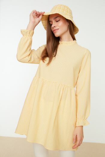 Trendyol Modest Yellow Stand Collar Gather Detailed Tunic TCTSS22GO0108
