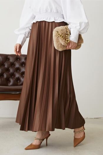 benguen 4521 Model - Brown Pleated Skirt, Elastic Waist