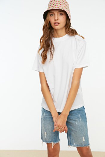 Trendyol Collection Bílé 100% bavlna Basic Stand Collar Pletené tričko TWOAW20TS0096