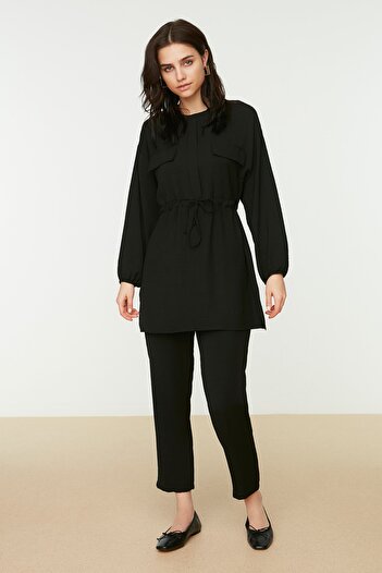 Trendyol Modest Black Tie Waist Pocket Detailed Aerobin Shirt-Pants Set TCTSS21AU0238