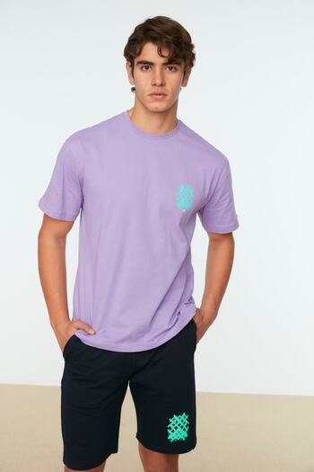 Trendyol Collection Γεωμετρικό εμπριμέ λιλά υπερμεγέθη βαμβακερό μπλουζάκι - κοντομάνικο TMNSS20TS1036