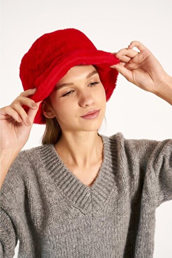 MARBERRY Red Plush Soft Textured Bucket Women's Hat