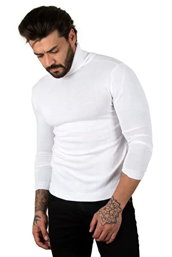DeepSEA Men's White Turtleneck Plain Sweater2002292