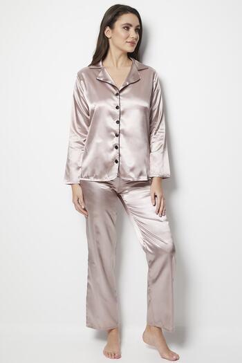 Miorre Women's Brown Satin Long Sleeve Pajama Set