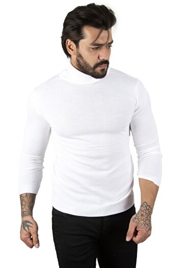 DeepSEA Men's White Turtleneck Plain Sweater2002292