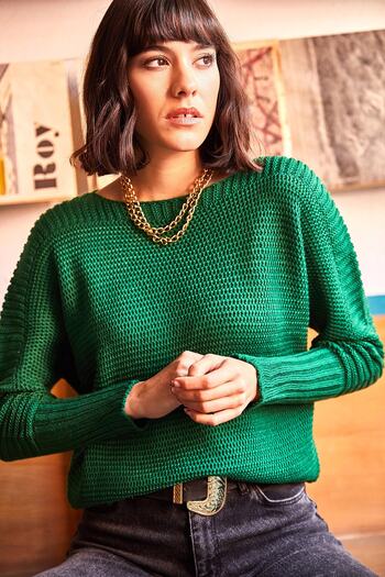 Olalook Pulover de damă din tricot tip fagure cu mâneci verde iarbă KZK-19000399
