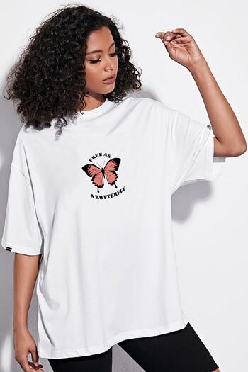 DEEPSENCE Γυναικείο μπλουζάκι Oversize Butterfly μπροστά στάμπα Λευκό