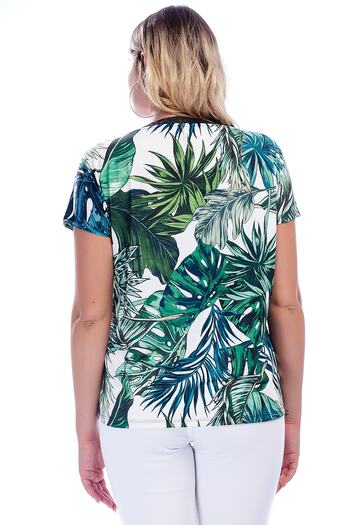 Şans Women's Large Size Green Collar Glittered Short Sleeve Patterned Blouse 65n30467