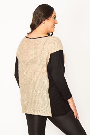 Şans Women's Large Size Black Two-Tone Tunic with Lacquer Print Detail on the Front 65n31028
