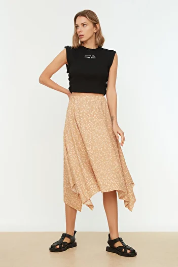 Trendyol Collection Camel Patterned Flounced Asymmetrical High Waist Midi Stretch Knitted Skirt TWOAW20ET0442