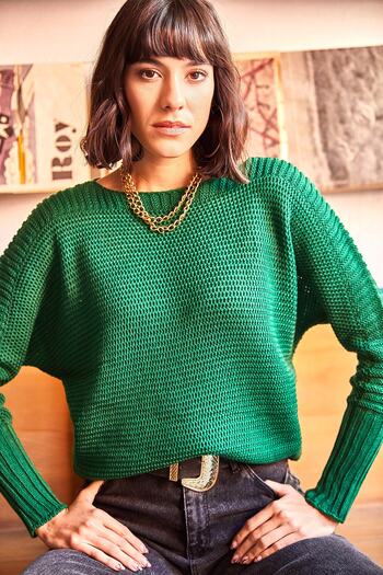 Olalook Pulover de damă din tricot tip fagure cu mâneci verde iarbă KZK-19000399