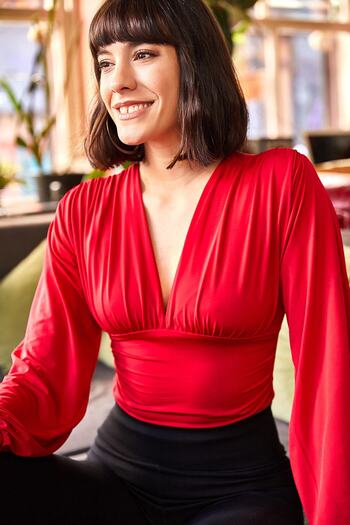 Olalook Women's Red Deep Low-cut Waist Banded Crop Blouse BLZ-19001696