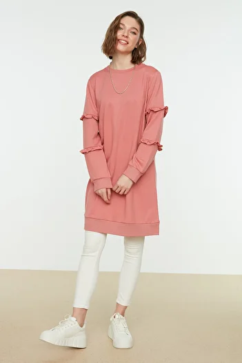 Trendyol Modest Szárított Rose Crew nyakú ujjú fodros kötött tunika TCTSS21TN0088