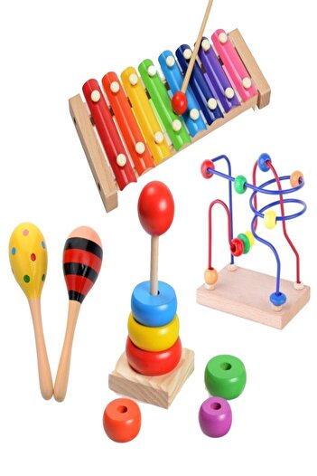 RoseRoi Wooden 8 Note Cellophane Xylophone + Mini Spiral + Maracas + Tower Educational Toy Set