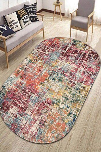 Resmiro Oval Pastel Eskitme Desenli Dijital Baskılı Halı