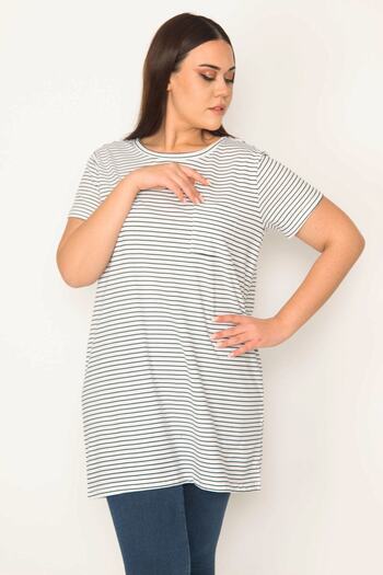 Şans Women's Large Size Bone Cotton Fabric Crew Neck Striped Blouse 65n31065