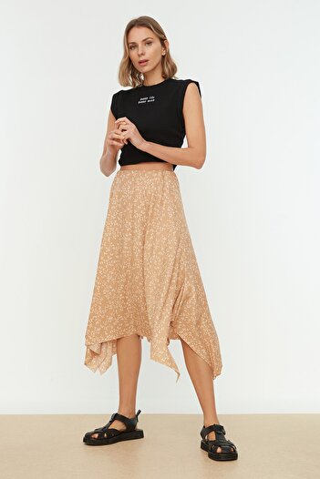 Trendyol Collection Camel Patterned Flounced Asymmetrical High Waist Midi Stretch Knitted Skirt TWOAW20ET0442
