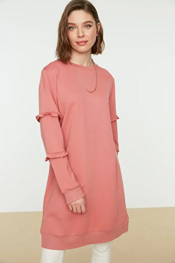 Trendyol Modest Szárított Rose Crew nyakú ujjú fodros kötött tunika TCTSS21TN0088