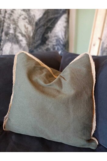 Alacastore Khaki Green Linen Fabric Throw Pillow Pillow Case with Jute Piping 43x43