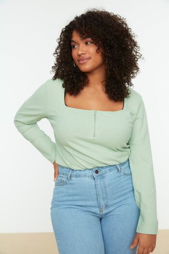 Trendyol Curve Mint Square Collar Zippered Knitted Blouse TBBSS22AF0027