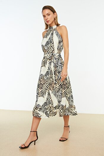 Trendyol Collection Φόρεμα μίντι υφαντό σε γραμμή Α καμηλό πουά TWOSS19YD0032