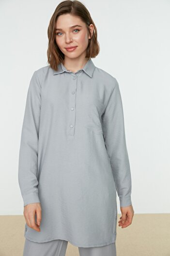 Trendyol Modest Gray Half-Pat Snap-On Wide-Leg Tunic-Pants Woven Suit TCTSS22US0081