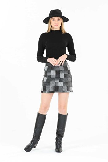 TreNd ZeYNi Gray Checker Patterned Stitched Pencil Skirt Zyn-58128