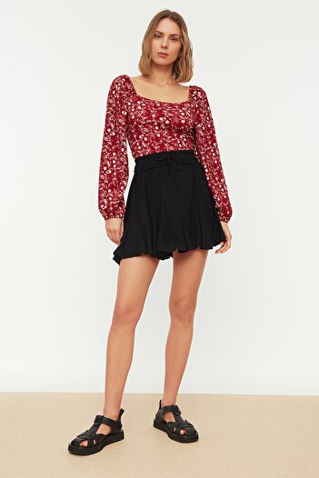 Trendyol Collection Fekete szoknya fodros normál derékfólia/texturált mini kötött szoknya TWOSS21ET0056