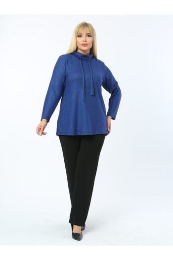 LİKRA Women's Blue Large Size Striped Lace Collar Stretchy Knitwear Blouse