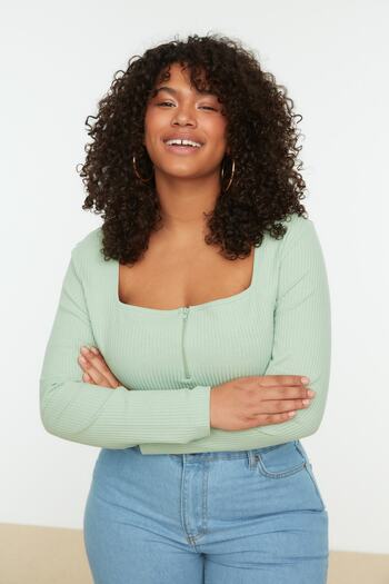 Trendyol Curve Mint Square Collar Zippered Knitted Blouse TBBSS22AF0027