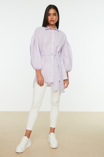 Trendyol Modest Λιλά ριγέ ζωσμένο μπαλόνι πουκάμισο μακρύ υφαντό TCTSS22GO0116