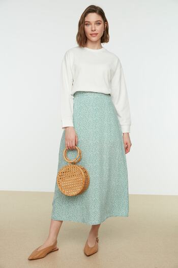 Trendyol Modest Menta, virágos nyomott viszkóz szőtt, lobogó szoknya TCTSS21ET0497
