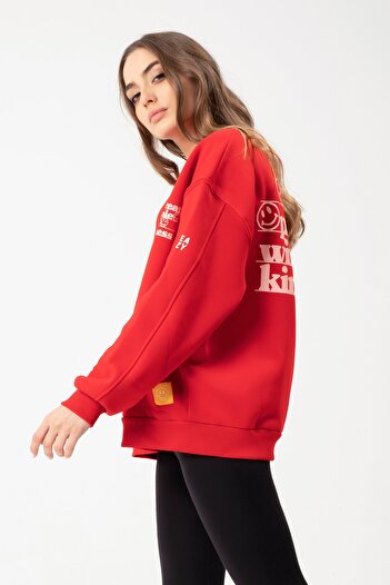 Eazy Co Eazy Treat People Oversize Unisex Red Crew Neck Thick Sweatshirt