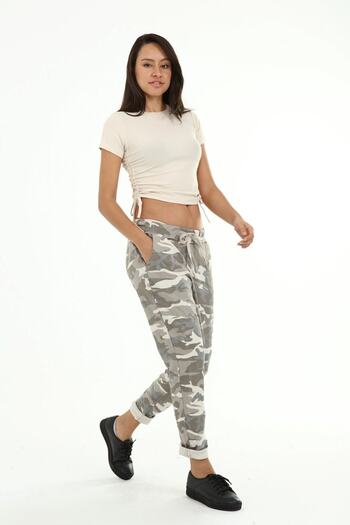 Bohem Stil Women's Beige Italian Tie Waist Camouflage Patterned Skinny Leg Skinny Trousers